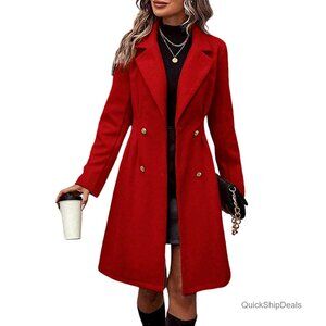 Women's Wool Pea Coat Double Breasted Notched Lapel Knee Length Overcoat